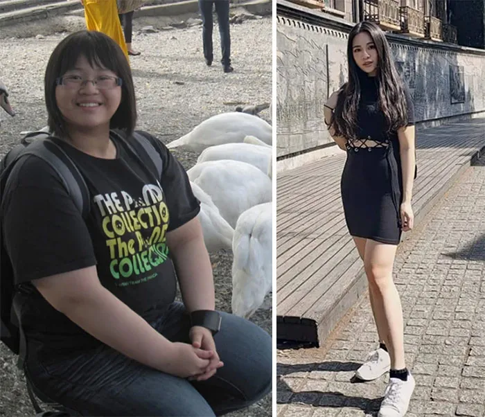 102 kg > 56 kg 18% de grasa corporal = 46 kg. Todavía estoy trabajando para ser más fuerte y tal vez un poco más delgada. Pérdida de peso en 5 años