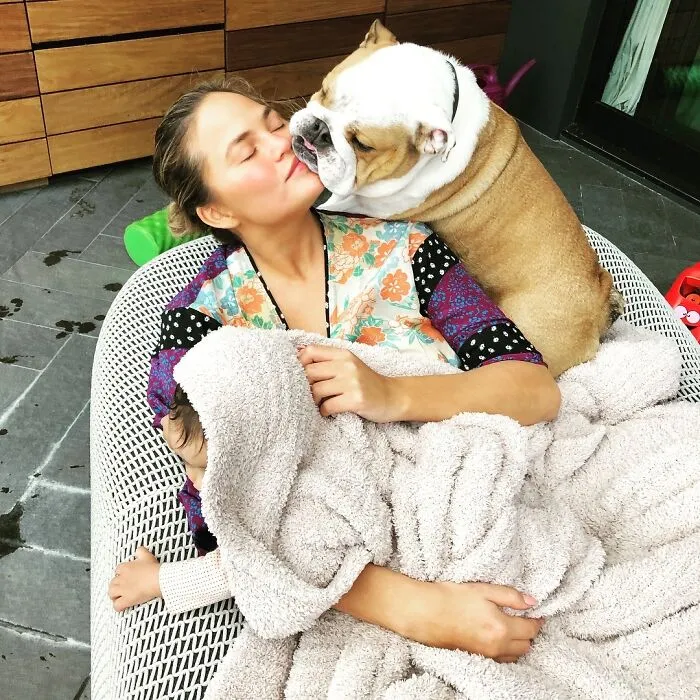 Female celebrity cuddling and kissing a bulldog, showing immense love for dogs in a cozy outdoor setting.