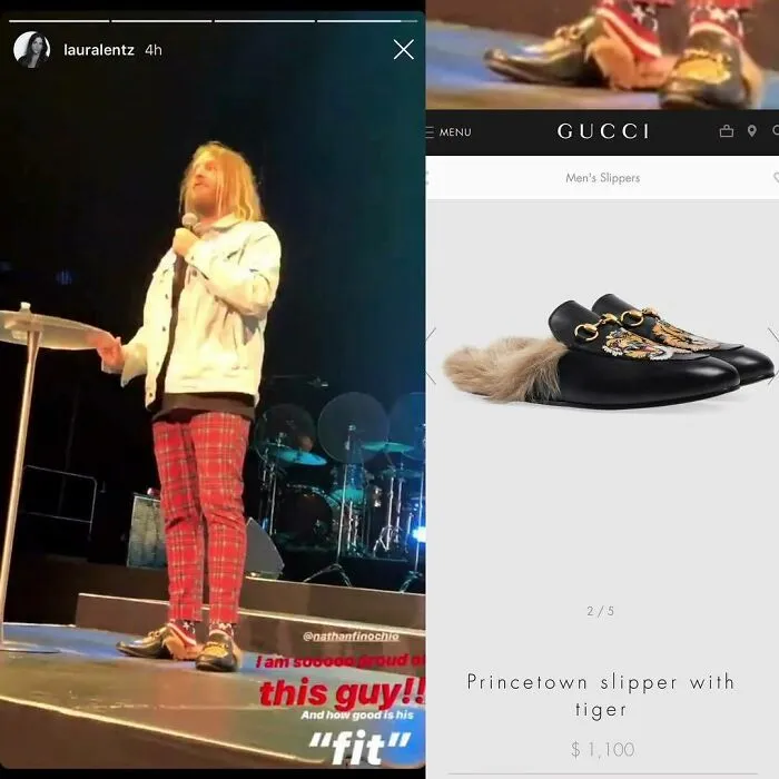 Pastor de enseñanza de Hillsong Nathan Finochio, en #colourconf 2019 con unas pantuflas de tigre ferozmente fabulosas. Pantuflas Gucci $1,100