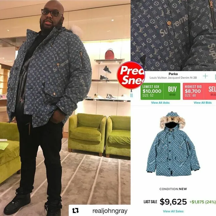 Foto vieja, estilo atemporal con el pastor John Gray con una parka de mezclilla jacquard Supreme X Louis V $9,625
