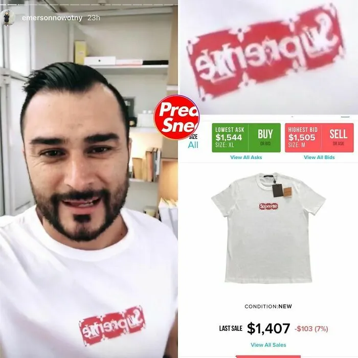 Pastor de Mosaico México Emerson Nowotny mantiene el bolígrafo de Tide a la mano mientras lleva esta camiseta súper fresca de Supreme X Louis V $1,407