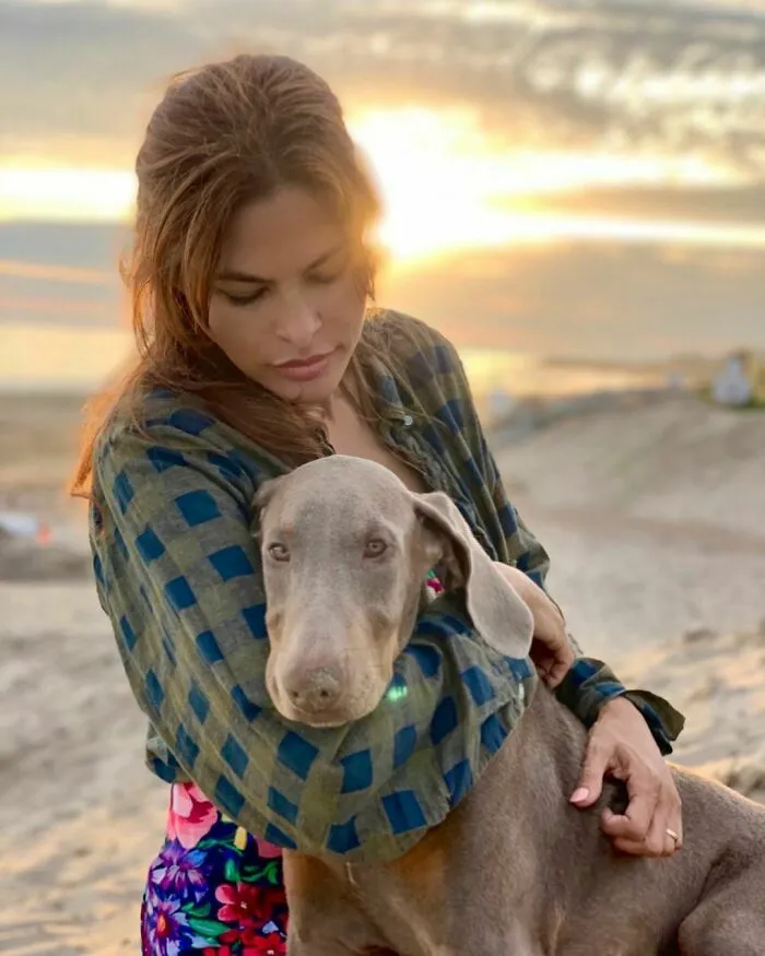 Woman embracing a large gray dog outdoors at sunset, showing a celebrity’s immense love for dogs in a natural setting.