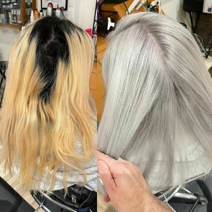 Before and after transformation showing natural grey hair enhanced by a hairstylist for a fresh, vibrant look.