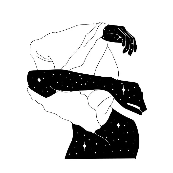 Philosophical sketch by tattoo artist depicting a cosmic figure wrapped in flowing fabric.
