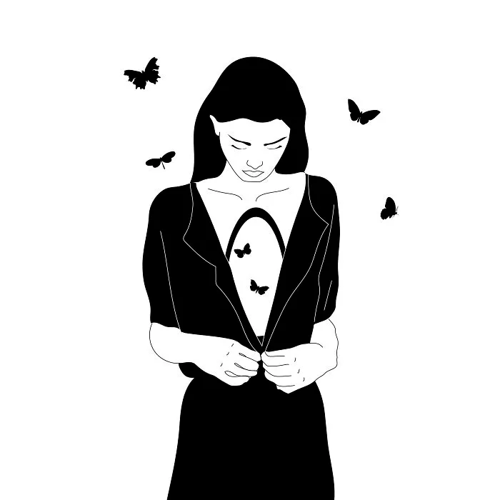 A philosophical sketch of a woman opening her shirt, revealing butterflies inside, with more butterflies flying around her.