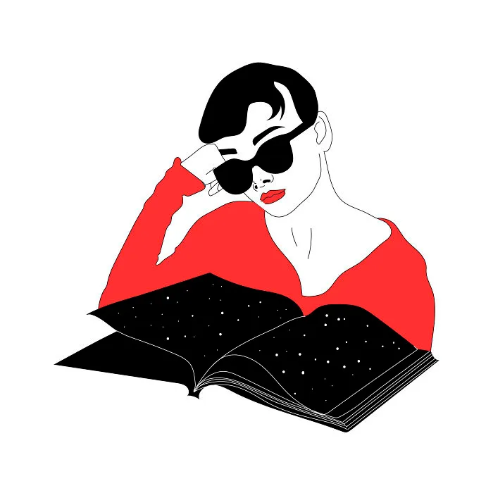 Philosophical sketch by a tattoo artist depicts a person in sunglasses and a red top, contemplating a starry book.