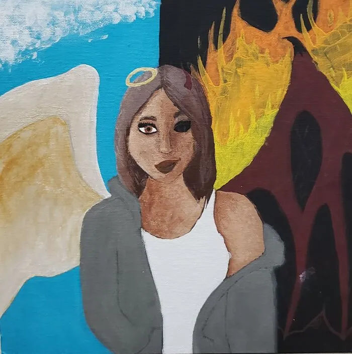 My Most Recent Painting (In The Making). I Just Love The Idea Of Half Angel Half Devil. Sorry, Its Still A Little Messy.