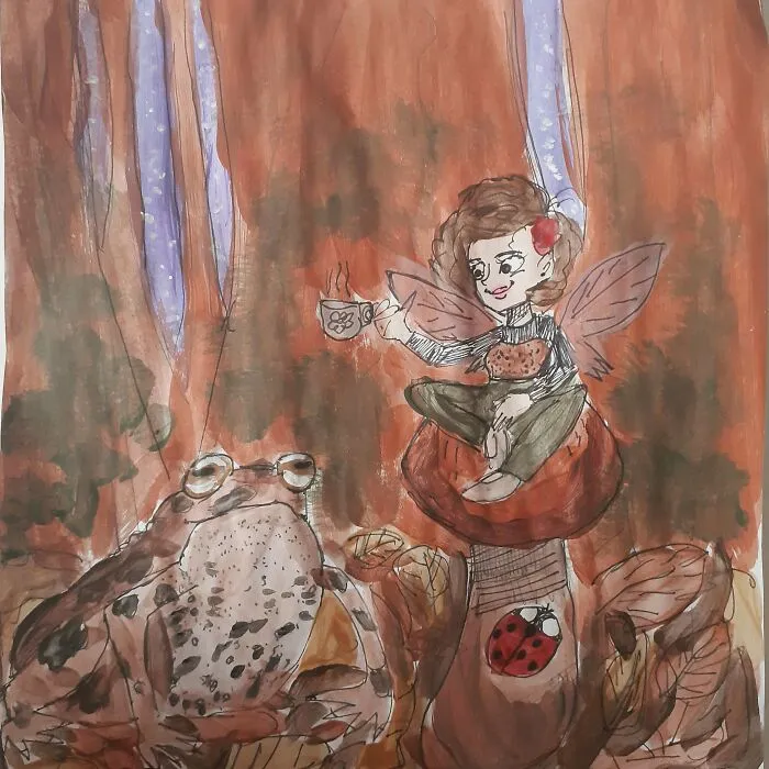 A Fairy And A Toad Having A Tea Party! I Never Did A Painting Like This Before And I'm So So Proud Of It!
