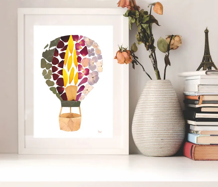 Hot Air Balloon Made From Rose Petals, Hydrangea Petals, Sunflower Petals, Clover, And Birch Leaves