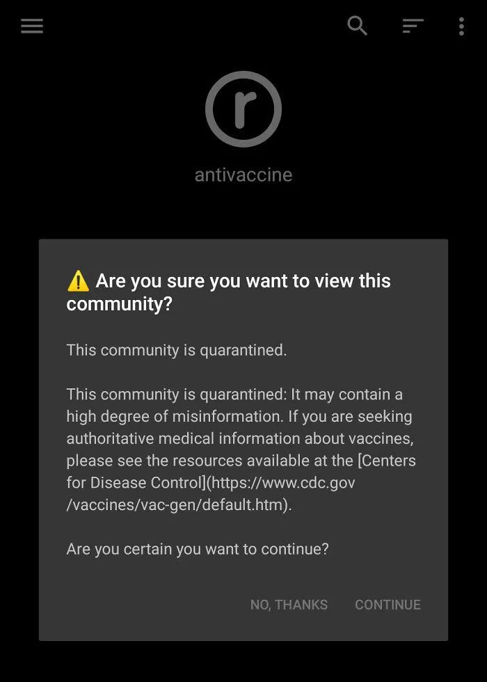 If You Try To Enter The Antivax Subreddit It Brings A Detailed Warning About The Misinformation You Might Find