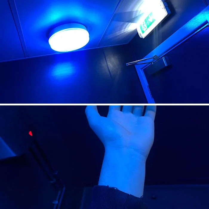 Todas las luces de los retretes de mi ciudad se han cambiado a azul fluorescente, en un intento de evitar que los consumidores de heroína puedan encontrar una vena que utilizar
