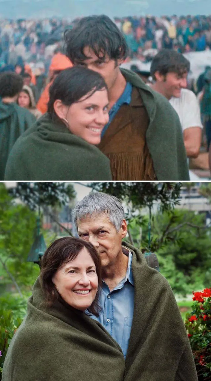 Pareja en Woodstock 48 horas después de conocerse, y 50 años más tarde