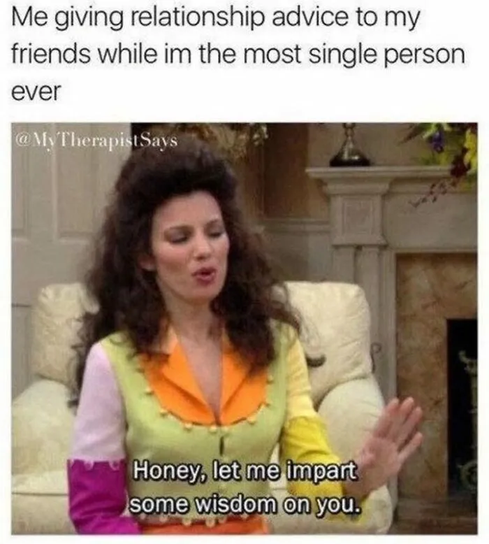 Person humorously giving relationship advice despite being single, capturing single life essence in a colorful scene.