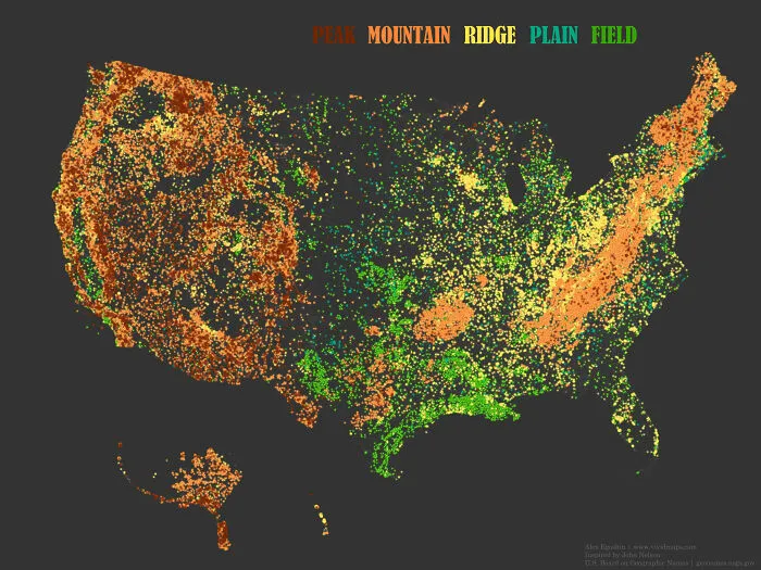 Nombres de lugares que contienen la palabra "pico", "montaña", "cresta", "llanura" y "campo" en los Estados Unidos
