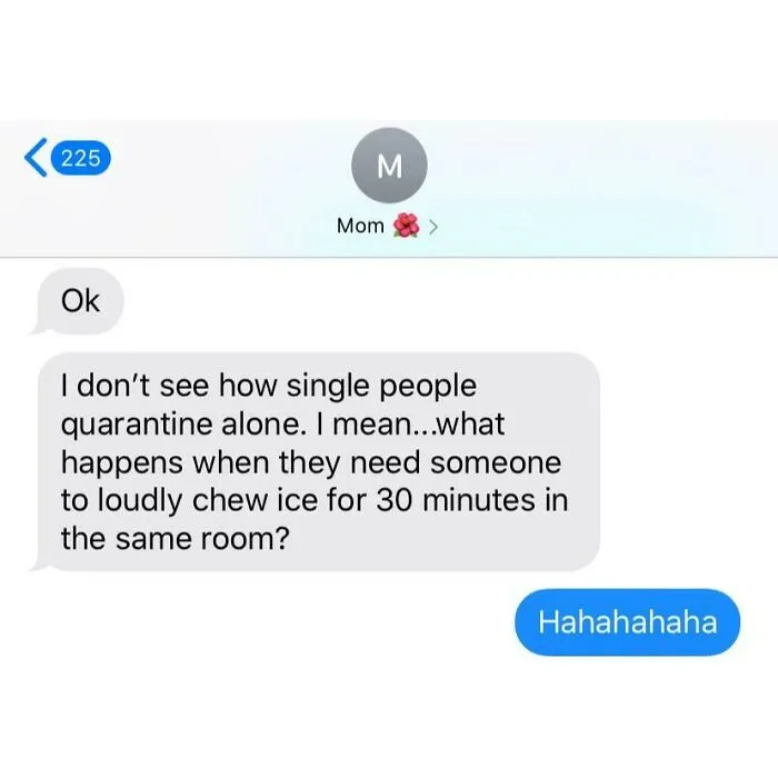 Text meme about being single, with a humorous conversation about handling quarantine alone and missing daily annoyances.
