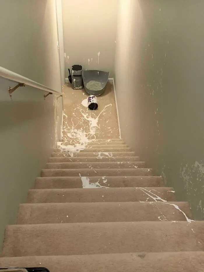 Fiancé Was Being Thoughtful And Taking The Paint Cans To The Basement. Turns Out He Tried To Carry Too Much At Once...(Also We Just Bought This House And I’m Dying Inside)