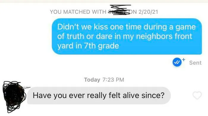 Tinder chat screenshot of people remembering the past 