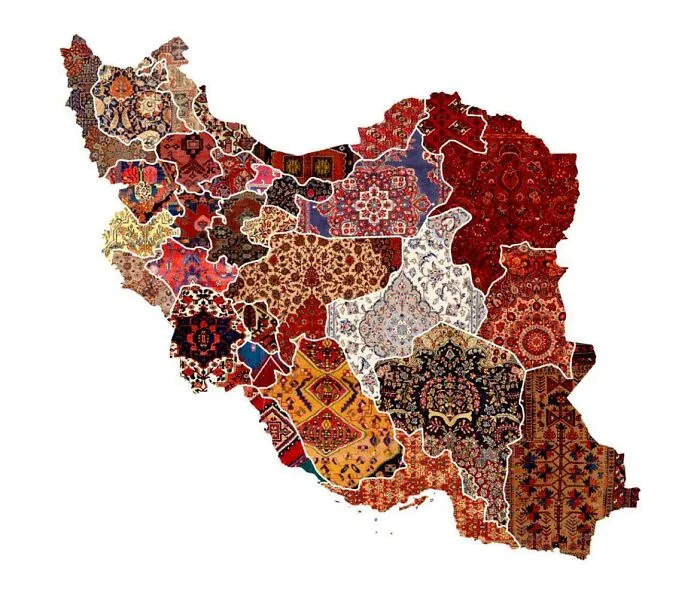 Mapa de patrones regionales de alfombras de Irán