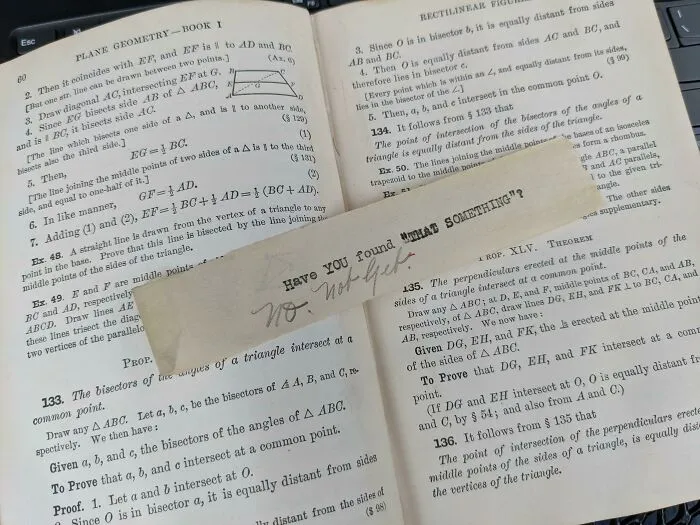 "No. Todavía no". ~ Encontrado en un libro de texto de geometría de 1908 de la escuela secundaria