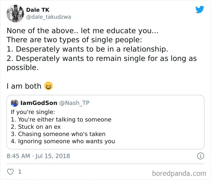 Meme about being single with humorous two types: wanting a relationship or enjoying being single.