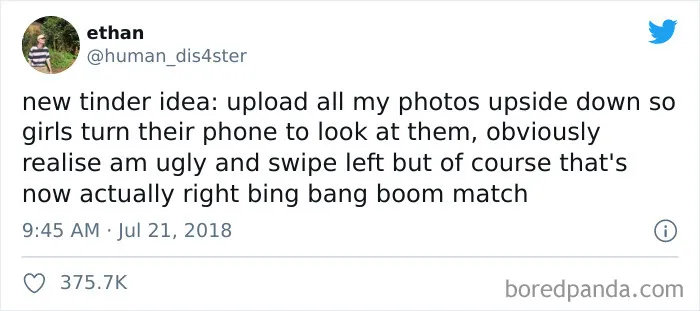Single life meme about a humorous Tinder idea involving upside-down photos for matching.
