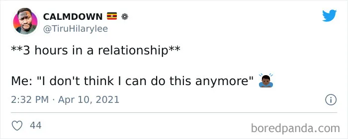 Tweet about being three hours into a relationship, reflecting humorous single life struggles.