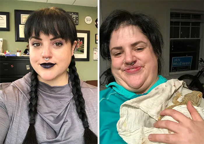 En el trabajo frente a la relajación en casa con las mascotas. Se orinó en mí cuando tomé esta foto