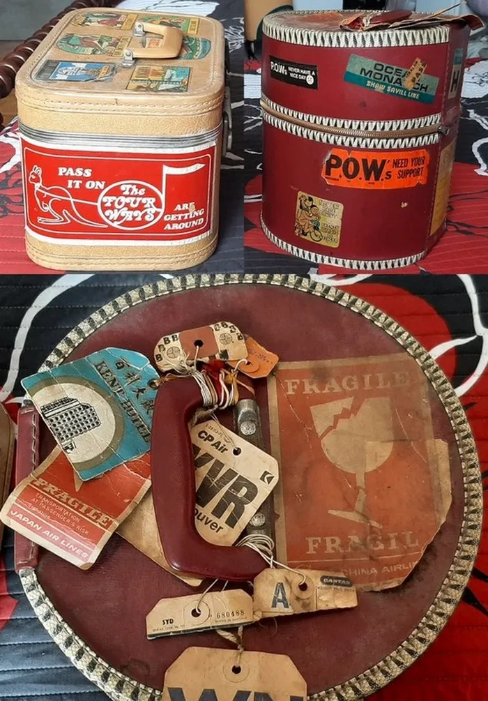 1960s-1970s - My Mum's Well-Travelled Make-Up And Wig Cases. In A Band With My Dad, The Four Ways Bumper Sticker Was From Their Fan Club. Bottom Pic Shows The Cool Baggage Tags And Stickers From Japan Air Lines, China Airlines, Cp Air, Qantas, And Pan Am (Top Black And White Stub With Bs). And Pows Were, Of Course, Prisoners Of War (Vietnam).