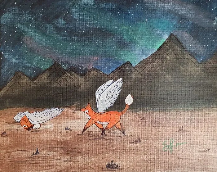 Winged Foxes Under Northern Lights