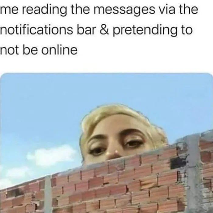 Person peeking over a brick wall with caption about reading messages discreetly, related to funny introvert memes.