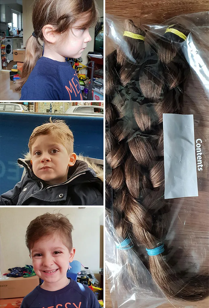 Mi hijo de cuatro años tuvo su primer corte de cabello esta mañana, y su pelo será donado directamente a caridad. Espero que haga feliz a otro niño