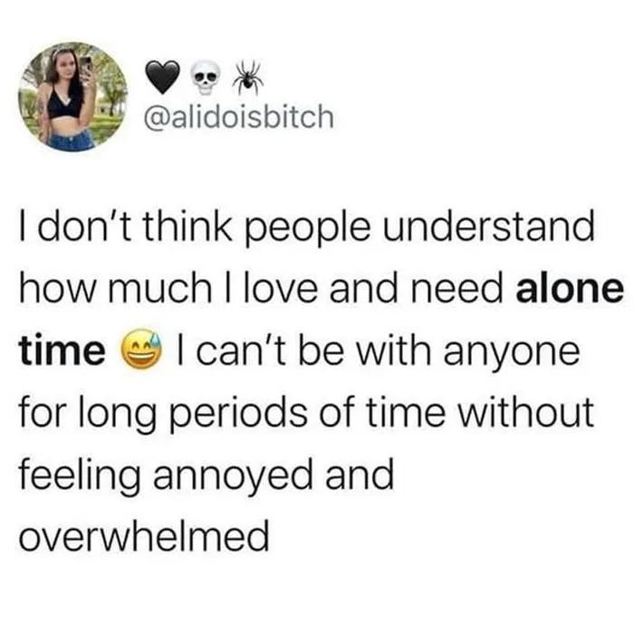 Introvert meme about loving alone time and feeling overwhelmed when with others for too long.