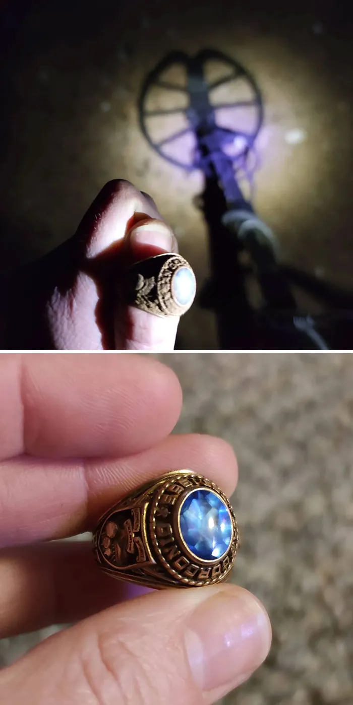 Anoche encontramos esto en mis campos. Anillo de graduación de 1967. Localizamos al dueño por las iniciales, y él y su esposa lloraron de alegría. Su madre le compró el anillo antes de morir de cáncer, se lo robaron en los 80