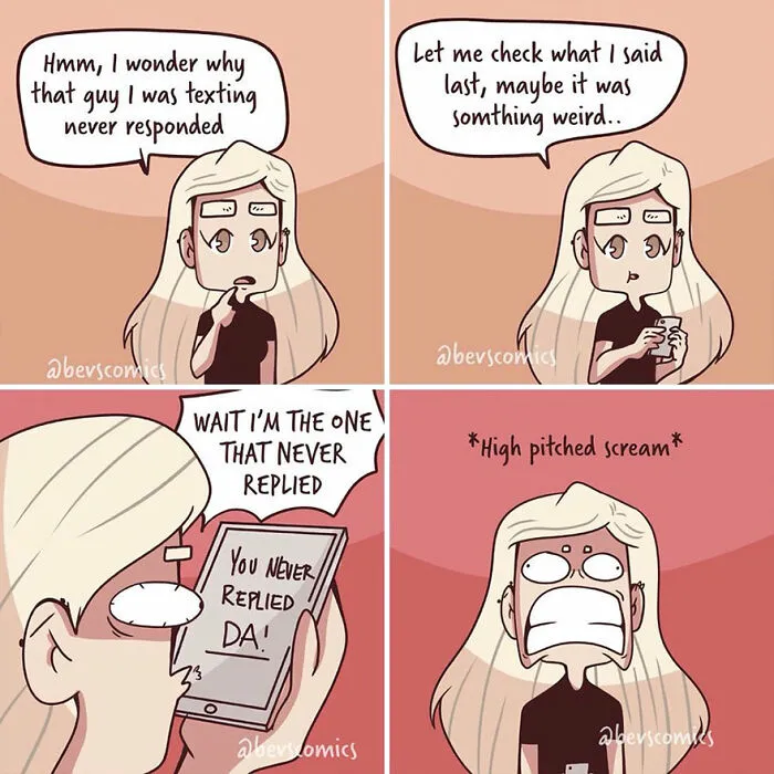 A comic about mental health, showing a woman realizing she forgot to reply to a text, reflecting what it's like being a woman.