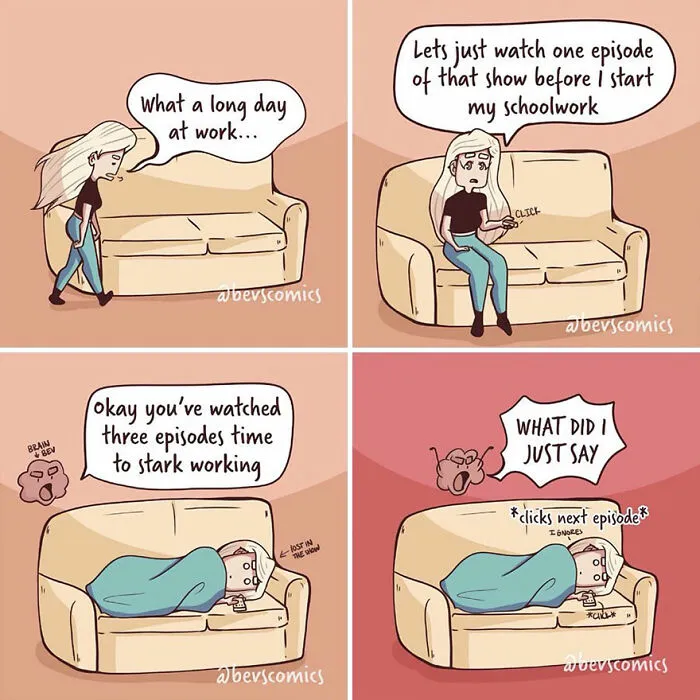 A comic illustrating mental health, showing a woman struggling with procrastination and watching TV, reflecting what it's like being a woman.