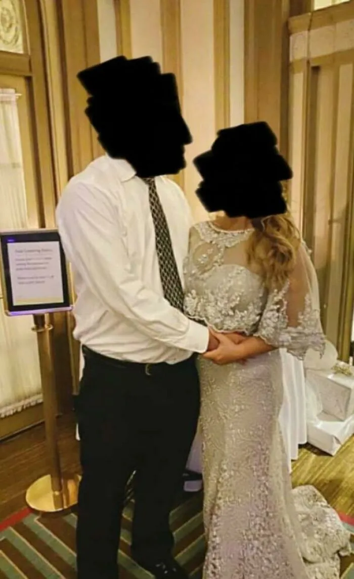 Thought This Was The Bride And Groom At First - Nope. Father And Stepmother Of The Bride, Wearing A White-Ish, Beaded Gown With A Train