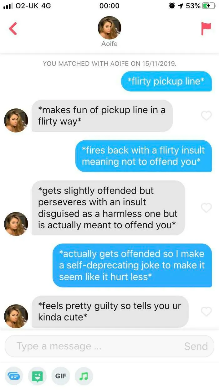 Tinder chat screenshot of people exchanging flirty messages 