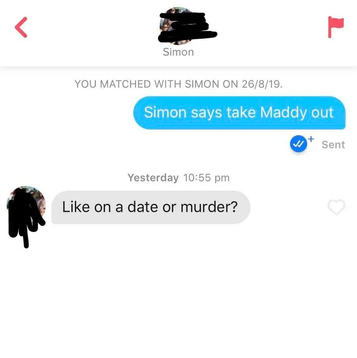 Tinder chat screenshot of people exchanging funny messages 