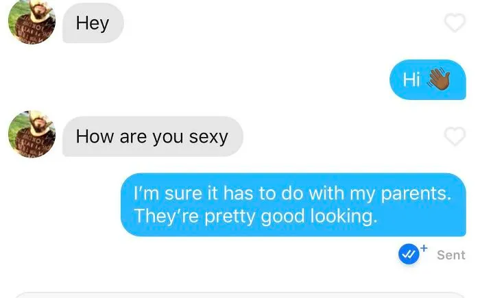 Tinder chat screenshot of people talking about good looks 