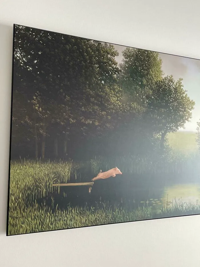 El apartamento al que me acabo de mudar tiene una pintura de un cerdo saltando de un muelle