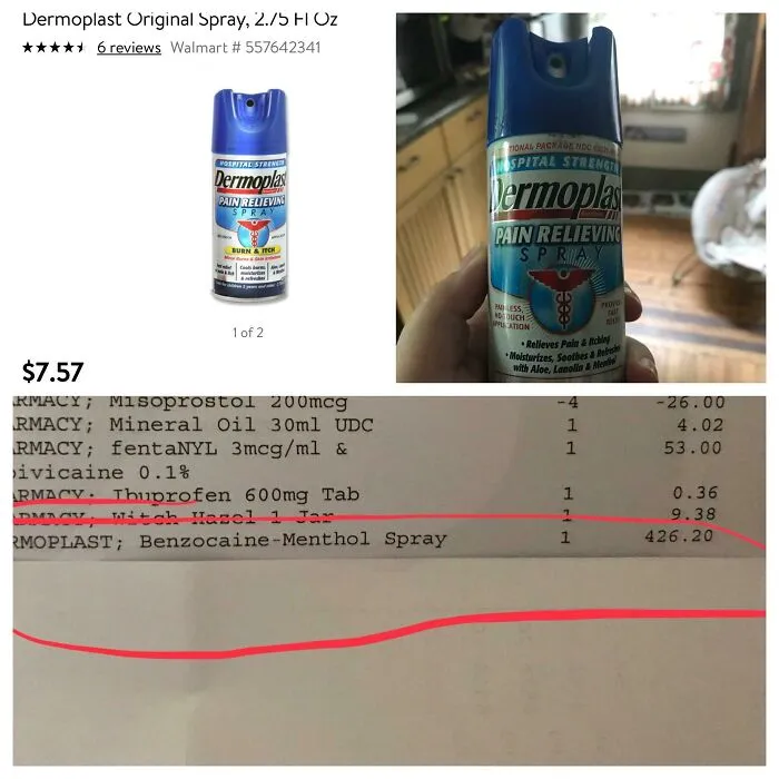 Acabo de recibir la factura del hospital... Me han cobrado 426 dólares por esta lata de 8 dólares de spray analgésico