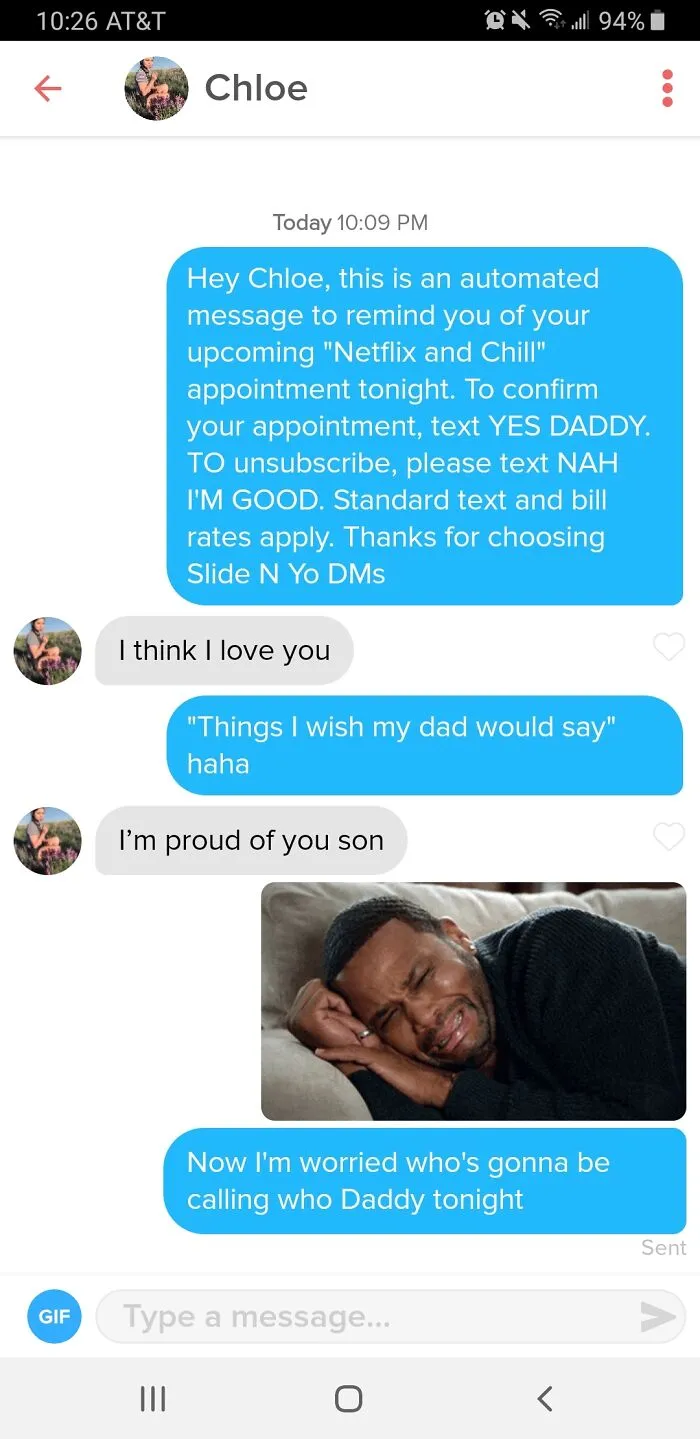 Tinder chat screenshot of people exchanging cheeky messages 