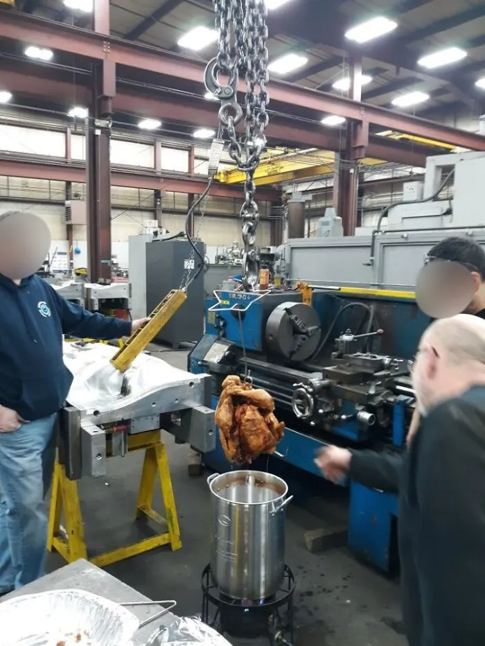 My Dad Sends Me A Picture Whenever He Uses The Turkey Fryer I Bought Him. Today, He's Seemingly Cooking For The Guys At His Shop With The Help Of A 30t Overhead Crane