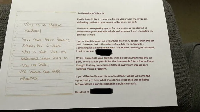 Found An Angry Note On My Car Today. I Replied