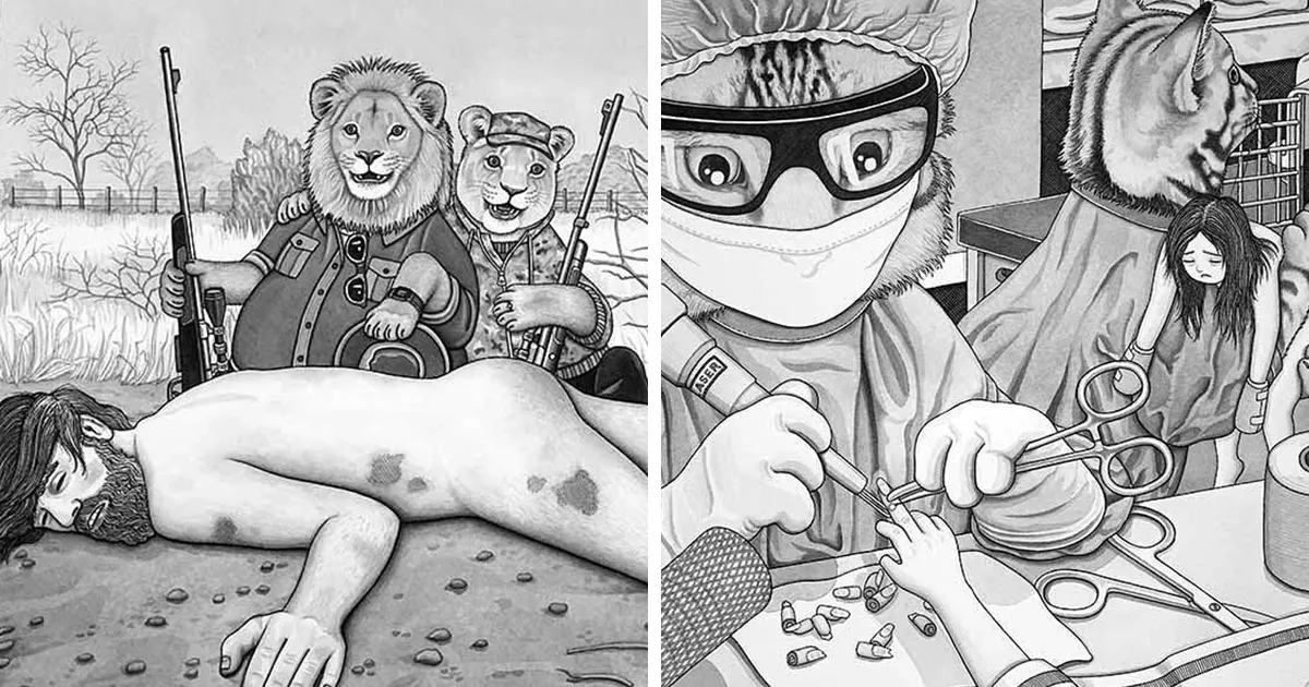 Esta artista hace ilustraciones en las que el rol de los humanos y los animales está invertido, para hacerte pensar (50 imágenes)