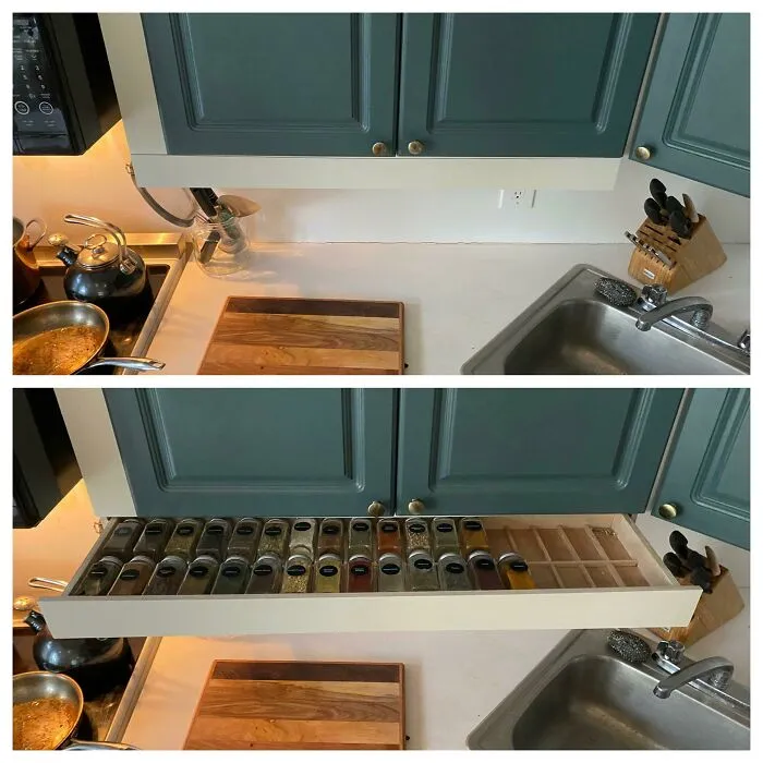 A Little Under Cabinet Spice Drawer I Built. So Satisfying And It Really Makes Finding The Right Spice A Breeze