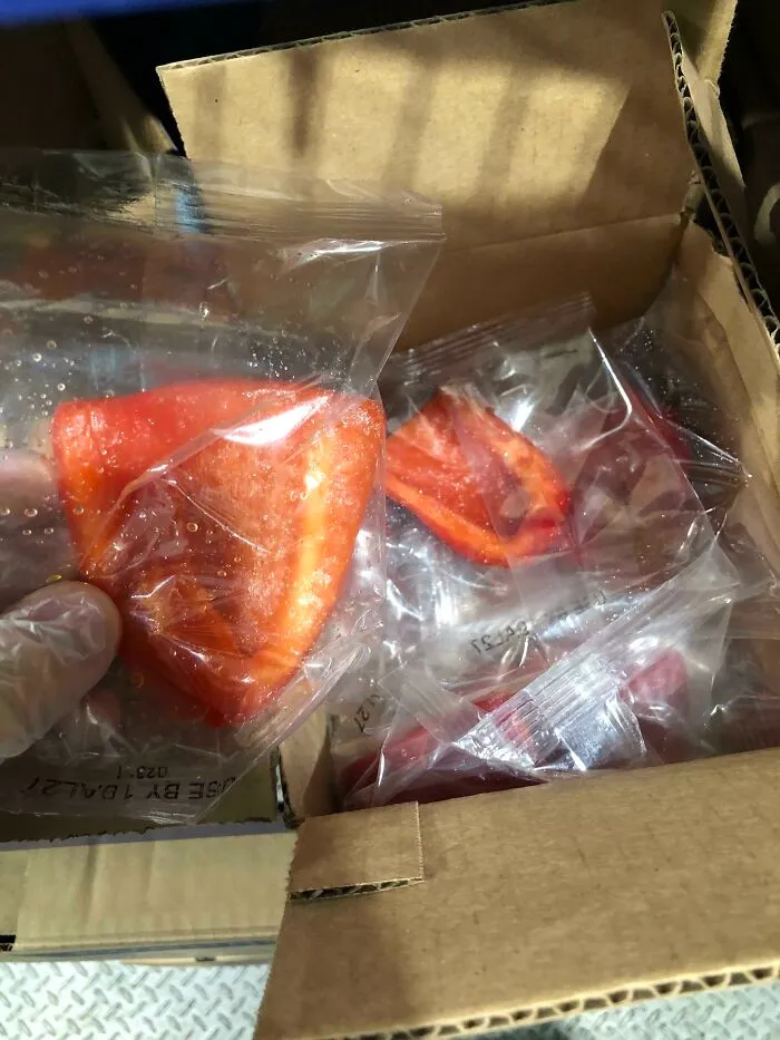 Individually Wrapped Peppers That Are Used For Salad And Pre Cut Into 1/4s Just To Have To Be Cut Again Into Smaller Pieces
