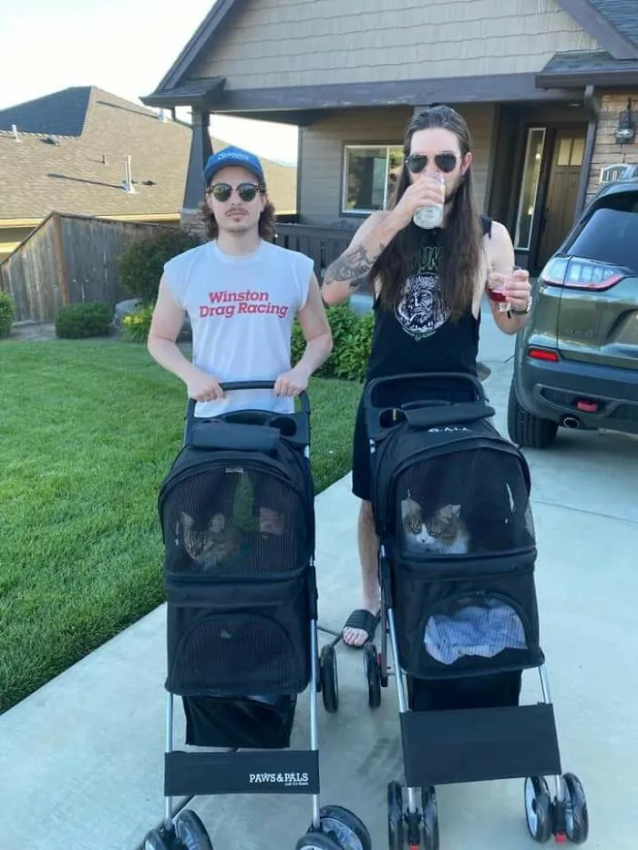 Dos muchachos paseando a sus gatos en sus cochecitos