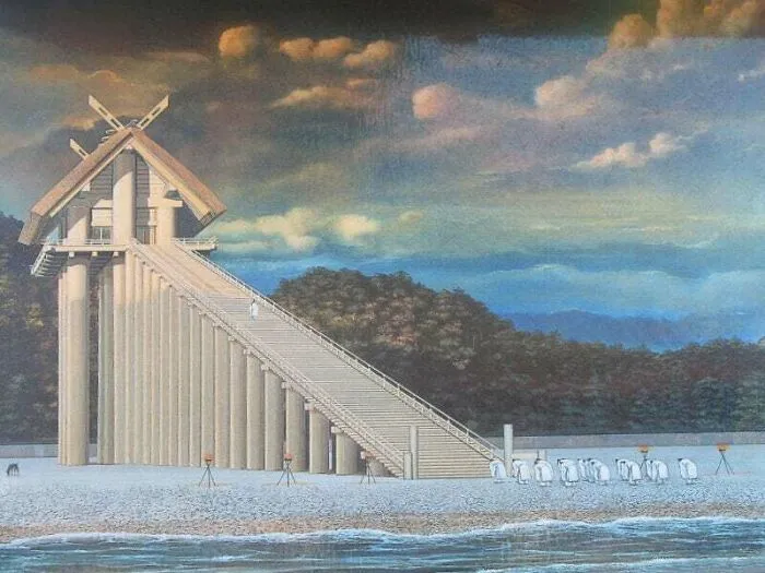 Izumo-Taisha Honden, Prefectura de Shimane, Japón. Aunque no se conoce el verdadero aspecto de este santuario, estas representaciones artísticas se basan en pruebas arqueológicas de pilares gigantes y registros históricos que afirman que el edificio se levantó sobre una plataforma de 48 metros de altura. Se construyó entre los años 900 y 1200