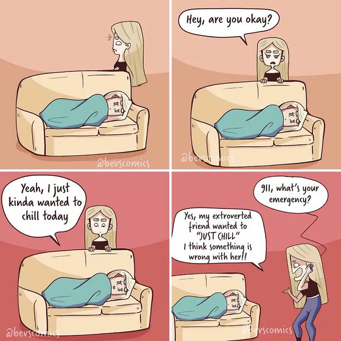 Artist creates comics about mental health, depicting an introverted friend wanting to chill and an extroverted friend panicking.